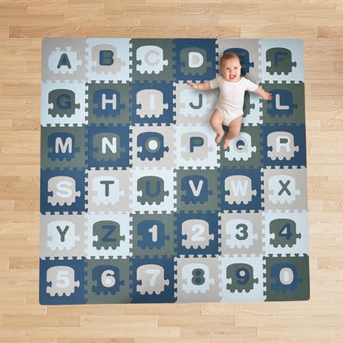 CHILDLIKE BEHAVIOR Baby Play Mat - 72x72-Inch Soft Foam Interlocking Tiles with ABC and Numbers - Educational Activity Mat for Crawling Infants and Toddlers - Waterproof Playmat, Blue, Gray, Turquoise