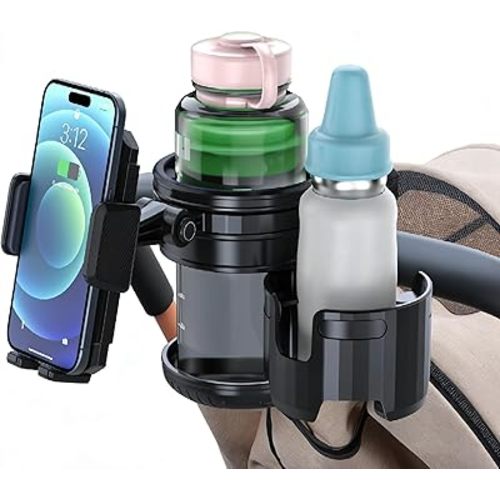 3-in-1 Stroller Cup Phone Holder Attachment, Universal Cup Holder with Adjustable Phone Mount, Double Cup Holder for Walker, Wheelchair, Fits Most Donna, Uppababy, Bugaboo, Anti-Slip & Easy Install