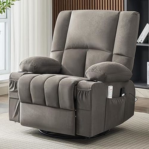 Power Rocker Electric with Heat and Massage, 270° Swivel Recliner Chairs for Adults, USB and Type-C Ports, Oversized Recliner Single Sofa, Electric Glider Recliner Chair(Gray)