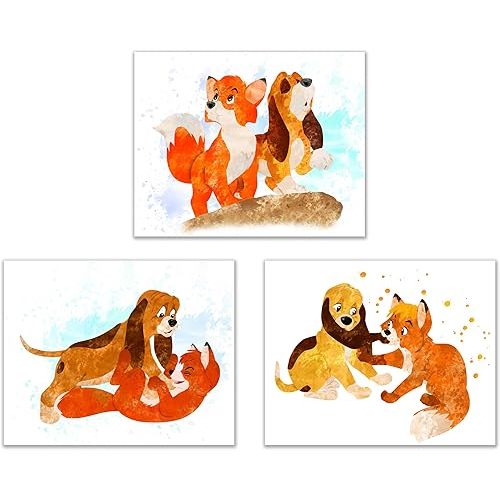 Fox and The Hound - Set of 3 (8 inches x 10 inches) Poster Prints - Cute Watercolor Photos