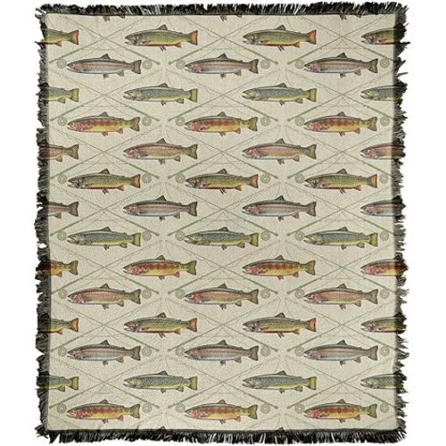LOGOVISION JQ Licensing Blanket, 50"x60" Trout Crossed Fishing Rods Woven Tapestry Cotton Blend Fringed Throw Blanket
