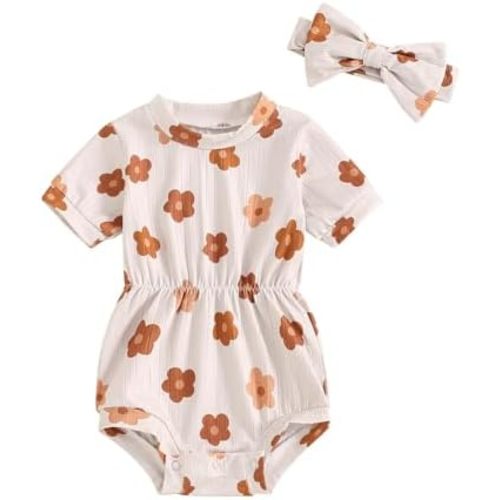 FOCUSNORM Baby Girl Summer Clothes Ribbed Short Sleeve Romper Solid Color Bodysuits Bow Headband Outfit Newborn Girl Jumpsuit