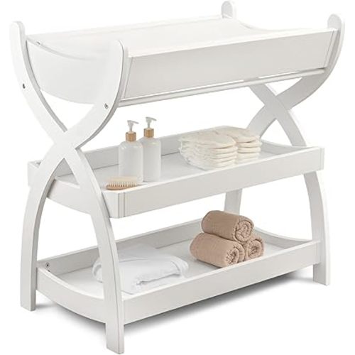 Comfy Cubs Baby Changing Table - Sturdy Wood Construction, Timeless Look Baby Change Table with Two Open Shelves for Infant Daycare Essentials Storage - White