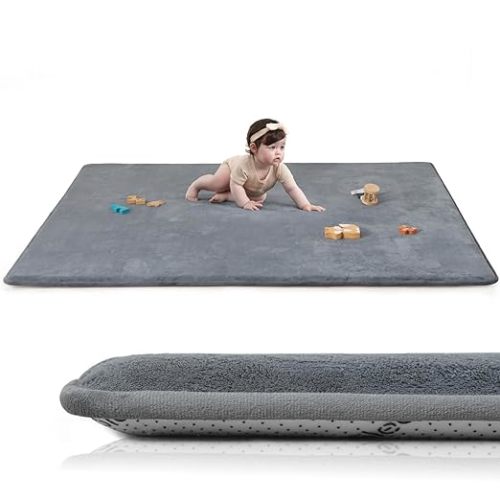 Huloo Sleep Baby Play Mat for Floor,1.3" Thick Elasti-Foam 50"×74" Playpen Mat for Tummy Time,Water Repellent Soft Coral Velvet for Toddler,Infant,Kids,Non-Slip Backing Safe for Crawling(Dark Grey)