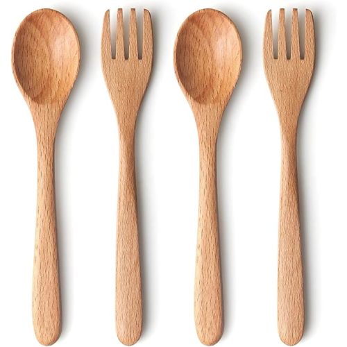 YFWOOD 4-Pieces Natural Wooden Children's Safe Flatware, 2 x Child Forks, 2 x Children Spoons, Kids Utensils Set Hand polishing Anti-slip Portable and ultra light
