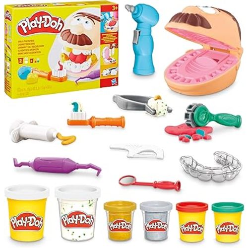 Play-Doh Drill 'n Fill Dentist Toy for Kids 3 Years and Up with Cavity and Metallic Colored Modeling Compound, 10 Tools, 6 Total Cans, 2 Ounces Each, Non-Toxic, Assorted Colors