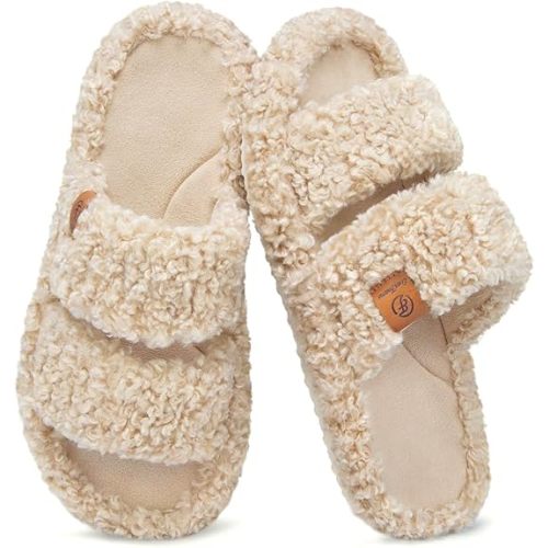 EverFoams Womens Fuzzy Open-toe Slippers Soft Comfy Memory Foam Indoor House Shoes