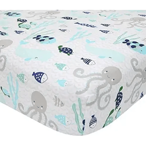 Lambs & Ivy Oceania 100% Cotton Fitted Crib Sheet - White with Blue Nautical/Aquatic Fish and Octopus