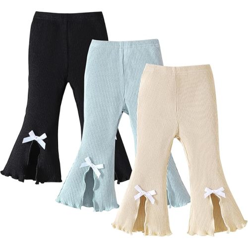 SOBOWO Baby Girl Flare Pants 3 Pack Toddler Solid Ribbed Ruffle Bell Bottoms Pants Trousers Fall Outfits