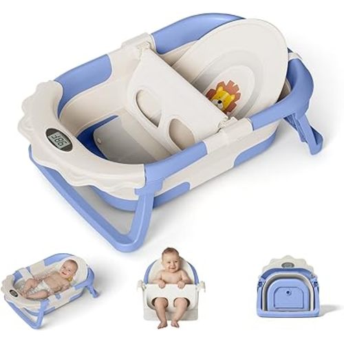 MoreFeel Foldable Baby Bathtub with Thermometer - 4-in-1 Grow-with-Me Collapsible Infant Tub (Newborn to Toddler) with Adjustable Mesh Sling - Space Saving Design