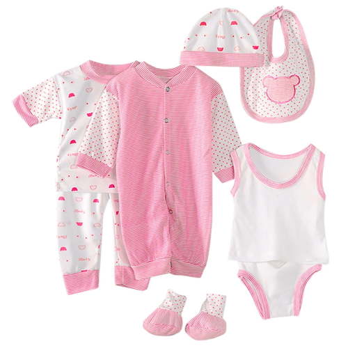 Odeerbi 8PCS Newborn Baby Clothes Set, Cotton Tops, Hat, Pants, Bib, Socks, Romper
