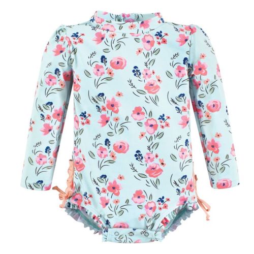 Hudson Baby Girls Rashguard Baby Swimsuit, Mint Floral, 3-6 Months