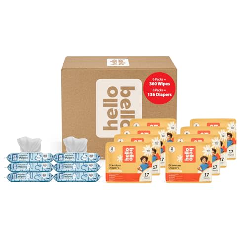Hello Bello Mega Surprise Pack, Size 6 (35+ lbs), 136ct Hypoallergenic Assorted Diapers with a Soft, Cloth-Like Feel Plus 360 Ultra Gentle Unscented Baby Wipes in 6 Resealable Packs