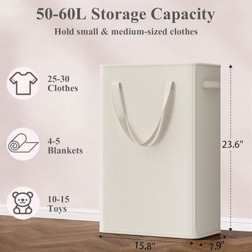 Optish 50L Slim Laundry Hamper, Baby Hamper for Nursery with Handles, Narrow Laundry Basket for Dorm, Bedroom, Living Room, Collapsible Laundry Basket, White