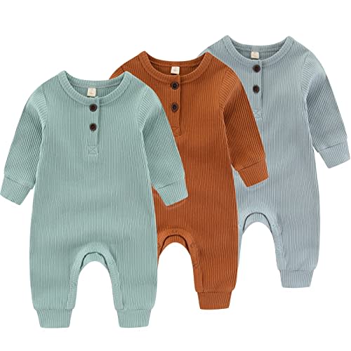 IADOER Newborn Baby Boys Girls One Piece Romper With Mitten Cuffs 3 Pack Long Sleeve Ribbed Button Jumpsuit Outfit Clothes