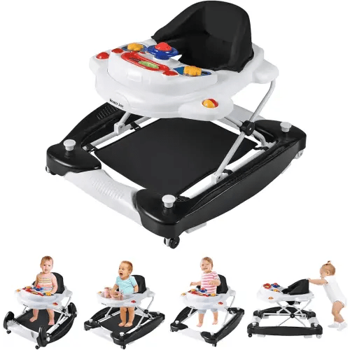 HONEY JOY Baby Walker, 6-in-1 Foldable Baby Walker and Bouncer Combo, Infant Activity Walker with Wheels, Adjustable Heights, Rocker, Music, Lights, Walker for Baby Boy Girl 7-14 Months (Black)