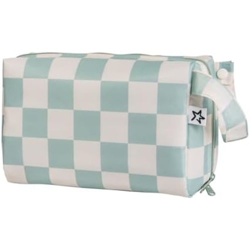 Tiny Twinkle Waterproof Travel Toiletry & Makeup Bag Organizer | Makeup Pouch with Multiple Compartments & Snap Handle for Travel | Gift for Women(Sage Checkers