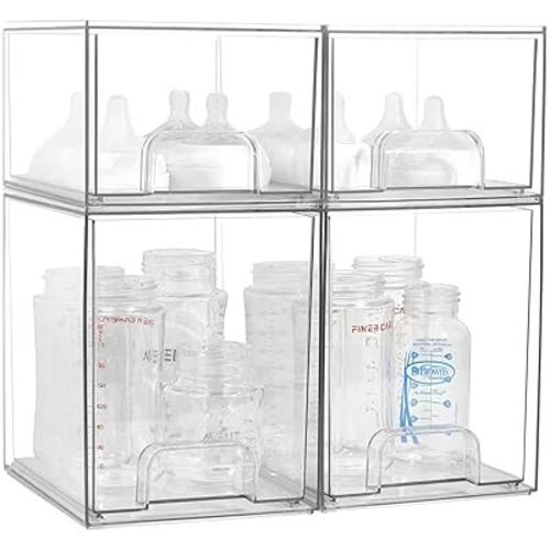 MINMUNJIU Baby Bottle Organizer, 4 Pack Clear Space-Saving Stackable Drawer with Handle, Baby Bottle Storage Organizer for Countertop and Cabinet