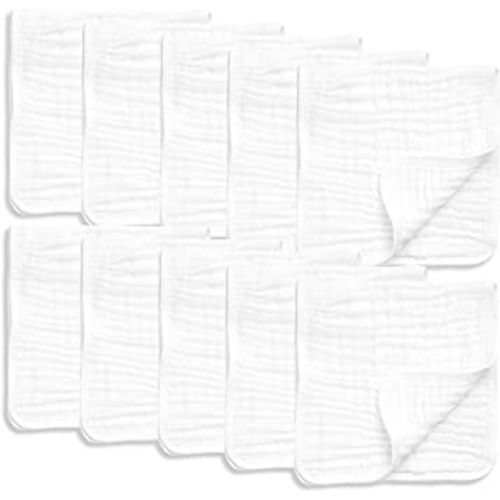 AllSett Health 10 Pack Muslin Burp Cloths Large 20" by 10" 100% Cotton, Hand Wash Cloth 6 Layers Extra Absorbent and Soft White