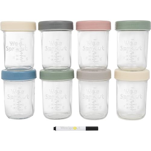 WeeSprout Glass Baby Food Storage Jars w/Lids (8 oz, 8 Pack Set) Snack, Puree, Reusable Small Containers, Breast Milk, Fridge or Freezer, Microwave & Dishwasher Safe, Essential Must Have for Infants - Matte Variety - 8 oz (Plastic Lids + Embossed Glass)