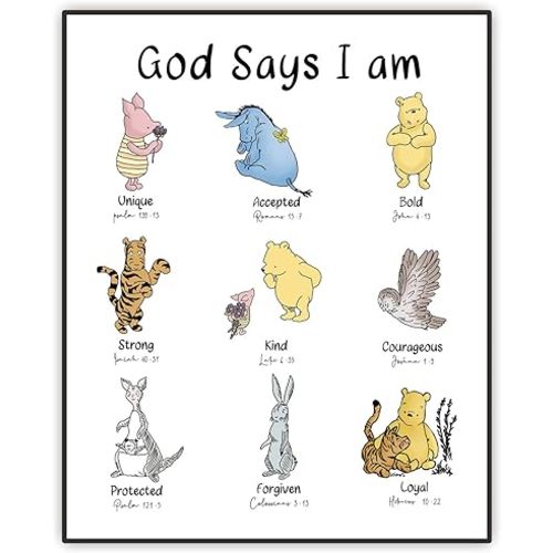 Classic Winnie Wall Art, God Says I AM Biblical Affirmations, Christian Nursery Decor, Inspirational Scripture Print, Kid's Room Decor Unframed Print 8"x10"