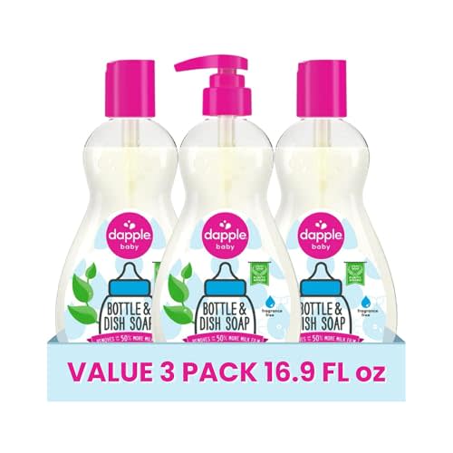 Dapple Baby Fragrance Free Bottle & Dish Soap - (3 Pack) 16.9 fl oz - Cleans Baby Bottles, Sippy Cups, Pacifiers, Breast Pumps, & More - Gently Removes Milk Film & Odors - Includes 1 Pump