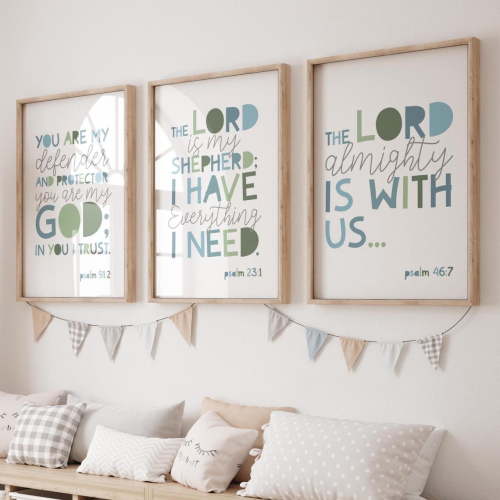 Set of 3 Bible Verse Prints, Christian Wall Art, Boys Nursery Prints, Boys Bedroom Decor, Nursery Decor, Scripture Prints, Blue Sage Green, Poster Only