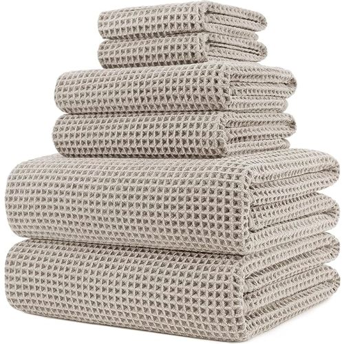 POLYTE 430 GSM Microfiber Quick Dry Lint Free Oversize Bath Towel Set, 6 Piece (Waffle Weave)