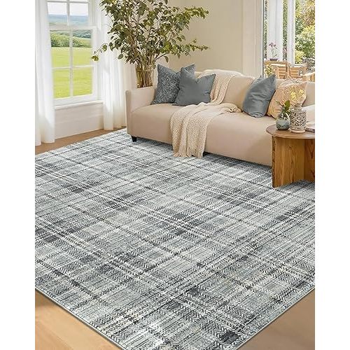 Washable Rugs 5x7 Rug for Living Room Bedroom Rug Modern Plaid Area Rug Soft Carpet 5'x7' Greenish Grey