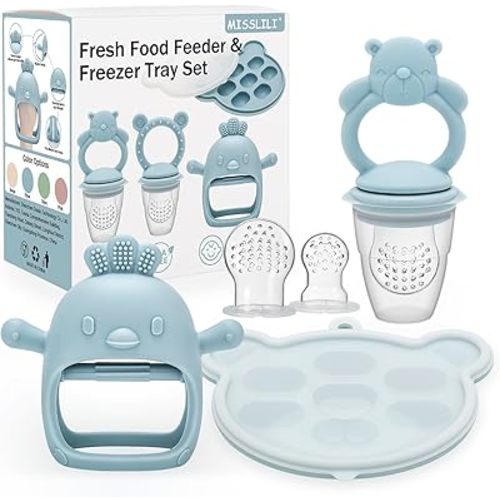 3 Pack Baby Fruit Food Feeder & Freezer Tray Set and Silicone Teething Toy for Babies, BPA Free Infant Teething Relief Toy for 3+ Months, Additional Silicone Sacs