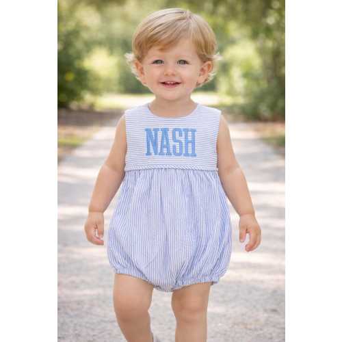 Blue Seersucker Baby Boy Bubble Romper | Personalized Embroidered Name Outfit | Custom Toddler Summer Birthday Baby Shower Gift