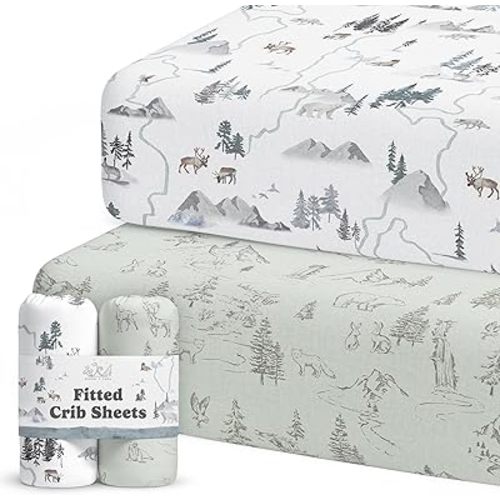 Crib Sheets Neutral - Fitted Baby Crib Sheets Bed for Girl Boy - 2 Pack Standard & Toddler Mattress - Buttery Soft Organic Cotton Blend (Arctic Journey)