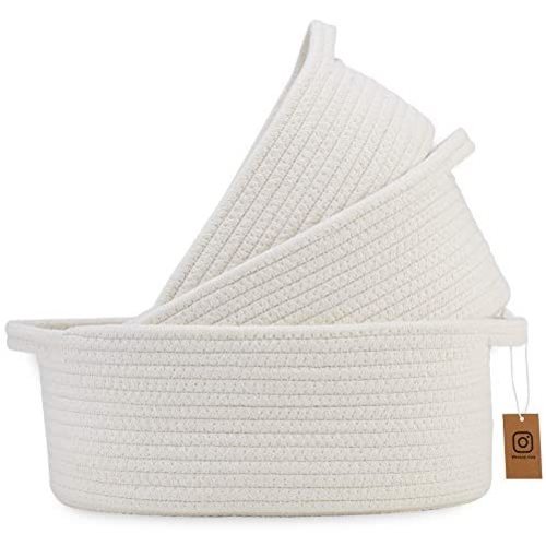 NaturalCozy 3-Piece Cotton Rope Baskets with Handles - 100% Natural Cotton! Oval Woven Storage Basket Set, Toy Basket, Small Soft Baby Nursery Baskets, Cat Dog Toy Basket, Gift, Bathroom (Off White)