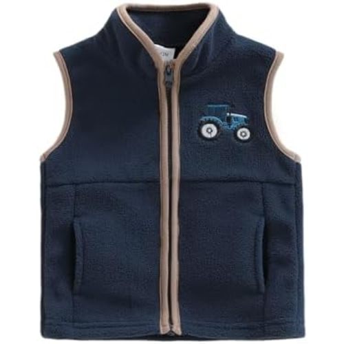 Baby Boy Fleece Coat Vest Sleeveless Stand Collar Zip Up Jacket Tractor Embroidery Fall Winter Outwear