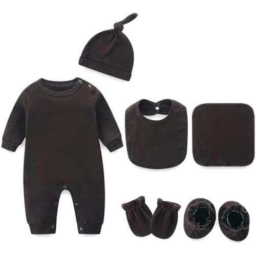 Infant Romper+Burp Cloth+Bib+Mittens+Shoes+Cap Set Breathable Healthy Fabric Tops for Baby