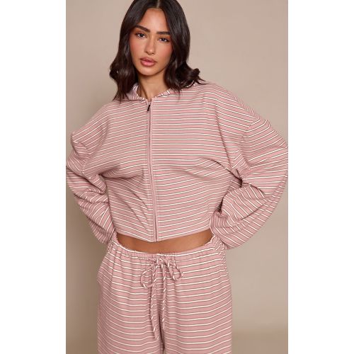 Petite Beige Striped Soft Fleece Zip Up Jacket