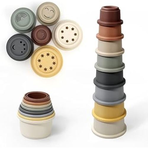 BOBXIN Stacking Cups Baby Building Toy, Nesting Cup Early Educational Toddlers Stacking Toy, 8 Pcs with Numbers & Pattern, Fun for Kid Baby 6-12 Months Play for Indoor/Outdoor/Bathtub/Beach