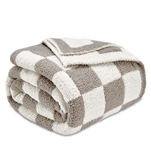 CozeCube Super Soft Fullfy Microfiber Reversible Knitted Blankets, Warm Cozy Fuzzy Plush Throw, Grey and White Checkered Throw Blanket for Couch Bed Sofa, 50" x 60"