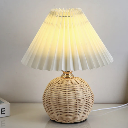 Contemporary Nordic Rattan Fabric Pleated Conic Ball LED Table Lamp For Bedroom
