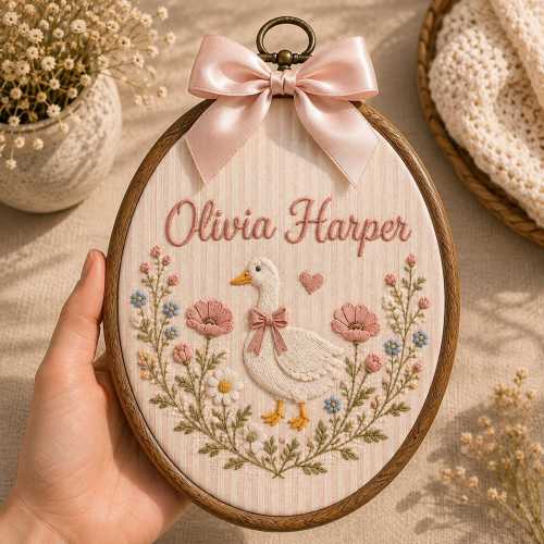 Personalized Goose Oval Baby Name Sign, Embroidered Floral White Duck Name Hoop, Baby Announcement Ornament, Nursery Decor, Baby Shower Gift