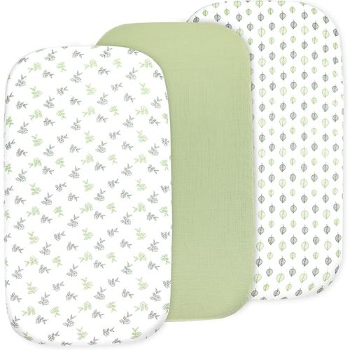 3 Pack Organic Muslin Bedside Bassinet Sheets Compatible with Mika Micky, Baby Delight, Dream On Me, AMKE and Other Bassinet Pads Size Between 17-21 in Width, 29-33 in Length, and 1.5-4 in Thick