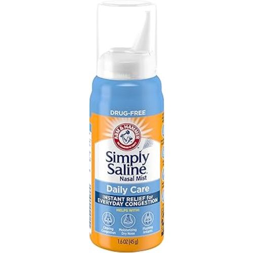 ARM & HAMMER Simply Saline Daily Care Nasal Mist, Drug-Free Non-Drowsy Saline Spray for Instant Nasal Congestion and Allergy Relief, Use as Often as Needed, Suitable to Use if Pregnant, 1.6 oz