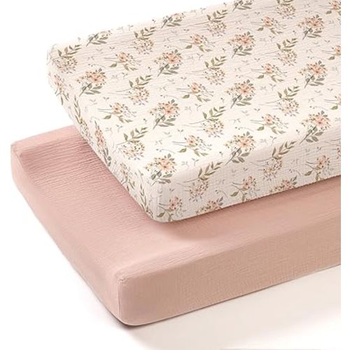 lulumoon Muslin Changing Pad Cover: 2-Pack Soft Breathable Cotton Boho Floral Print for Baby Girls - Nursery & Baby Shower