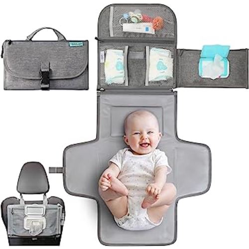 Kopi Baby Portable Diaper Changing Pad - Baby Diaper Changer Travel Bag with Wipes Pocket, Smart Design Portable Changing Mat, Infant Travel Station Kit, Gift for Newborn Girl & Boy - Grey, Premium