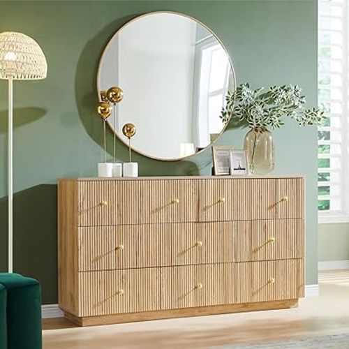 Fluted Dresser for Bedroom, 55" W 8 Drawer Dressers, Wood Tall Dresser Storage Organizer, Modern Bedroom Chest of Drawers with Deep Storage for Closet Hallway, Entryway, Living Room Natural