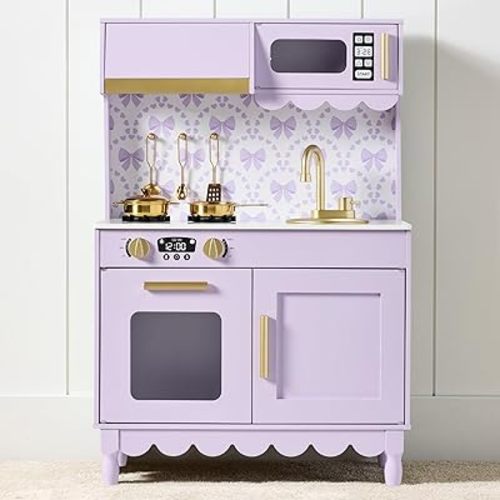Best Choice Products Toddler Kitchen Playset, Wooden Cottage Kids Play Kitchen with 5 Accessories, Toy Storage, Scalloped Edge, and Pretend Play Microwave, Oven, Clicking Knobs - Lavender