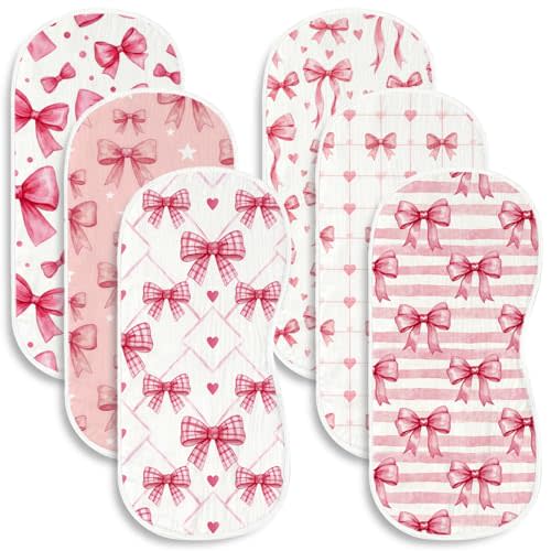 6 Pack Pink Bow Baby Burp Cloths, 20x10 Contoured Burp Rags with Coquette Ribbon & Heart Print, Ultra Absorbent Soft Shoulder Pads Newborn Registry Gift for Girls
