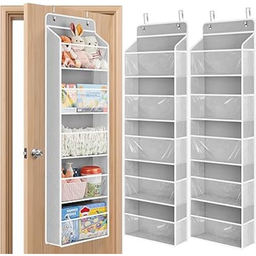 JARLINK 2 Pack Toy Stuffed Animal Storage, Over The Door Organizer W/Clear View Windows, 44lb Load, Baby Toy Storage Organizer for Nursery, Kid Bedroom, Newborn Baby Essentials (Light Grey)