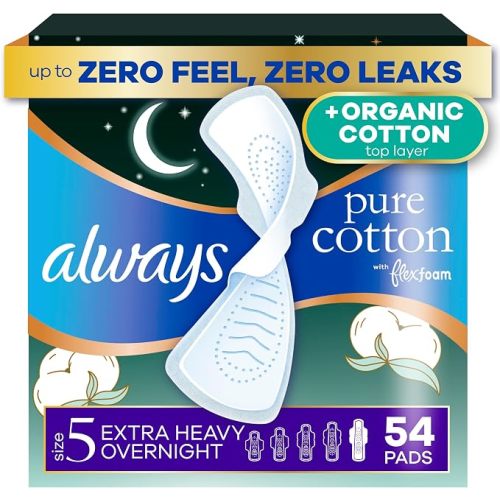 Always Pure Cotton, organic cotton top layer pads for women with wings, feminine care, period menstrual sanitary postpartum, toallas sanitarias para mujer, Size 5 Extra Heavy Overnight Unscented, 54ct