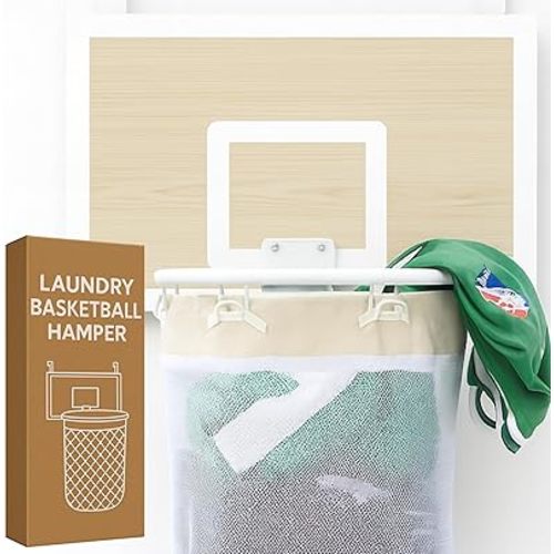 ActiveJoy – Basketball Laundry Hamper – Wooden Backboard & Mesh Hoop Laundry Basket – Over Door Hanging Organizer for Kids - White Oak